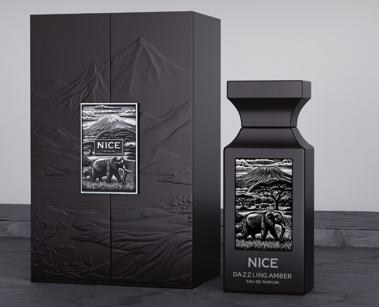 NICE Dazzling Amber bottle beside a mountain-relief presentation cabinet