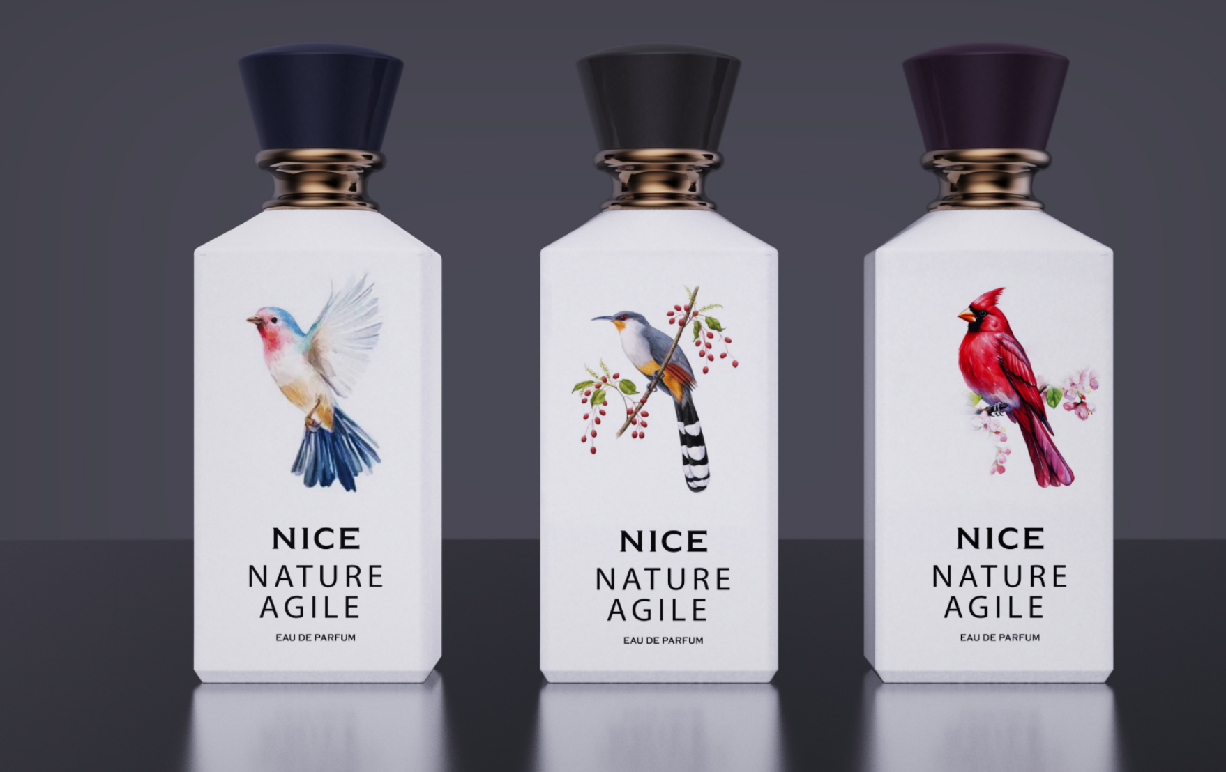 Three Nature Agile bottles illustrated with songbirds