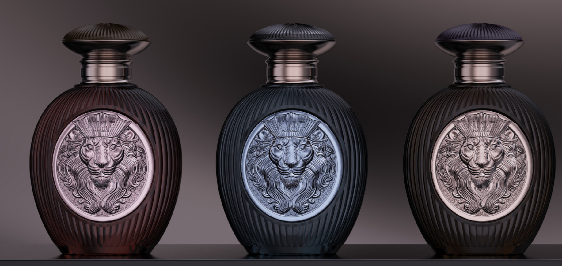 Three fluted NICE bottles with silver lion medallions